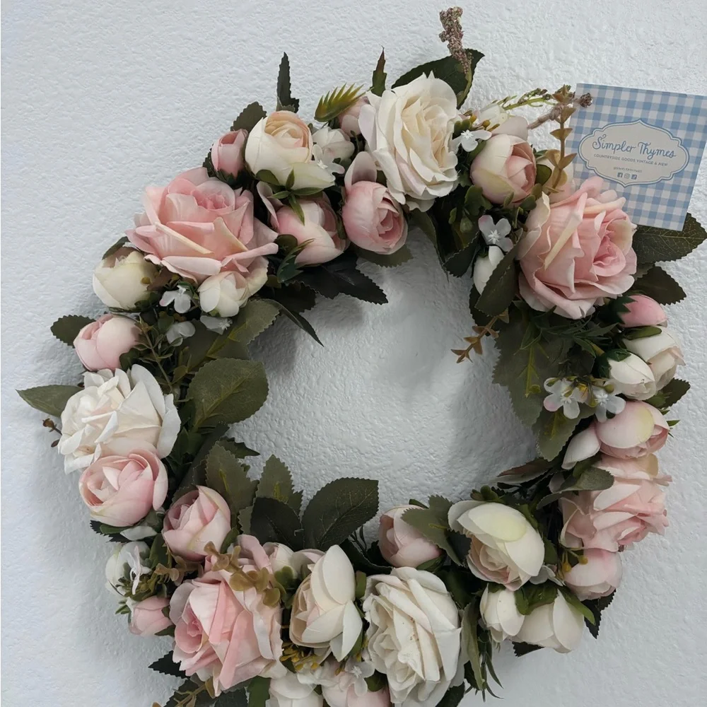English Garden Cottage Wreath Farmhouse Roses Small Adorable Pink Wt Final Sale